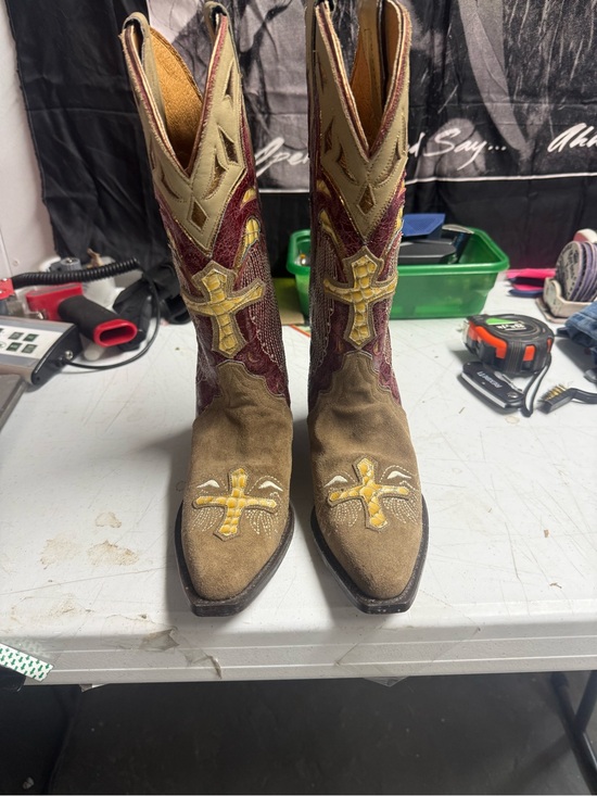 Sterling River Shoes - Sterling River Brown and Red Western Cowgirl Boots Cross angle wing, size 6B